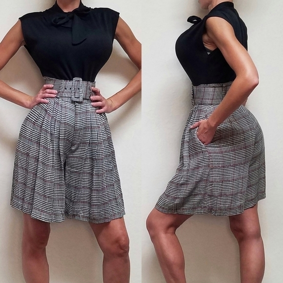 Vintage Pants - Vintage 70s Black Lavallière Top Red Plaid Extra High Rise Belted Culotte Set 8